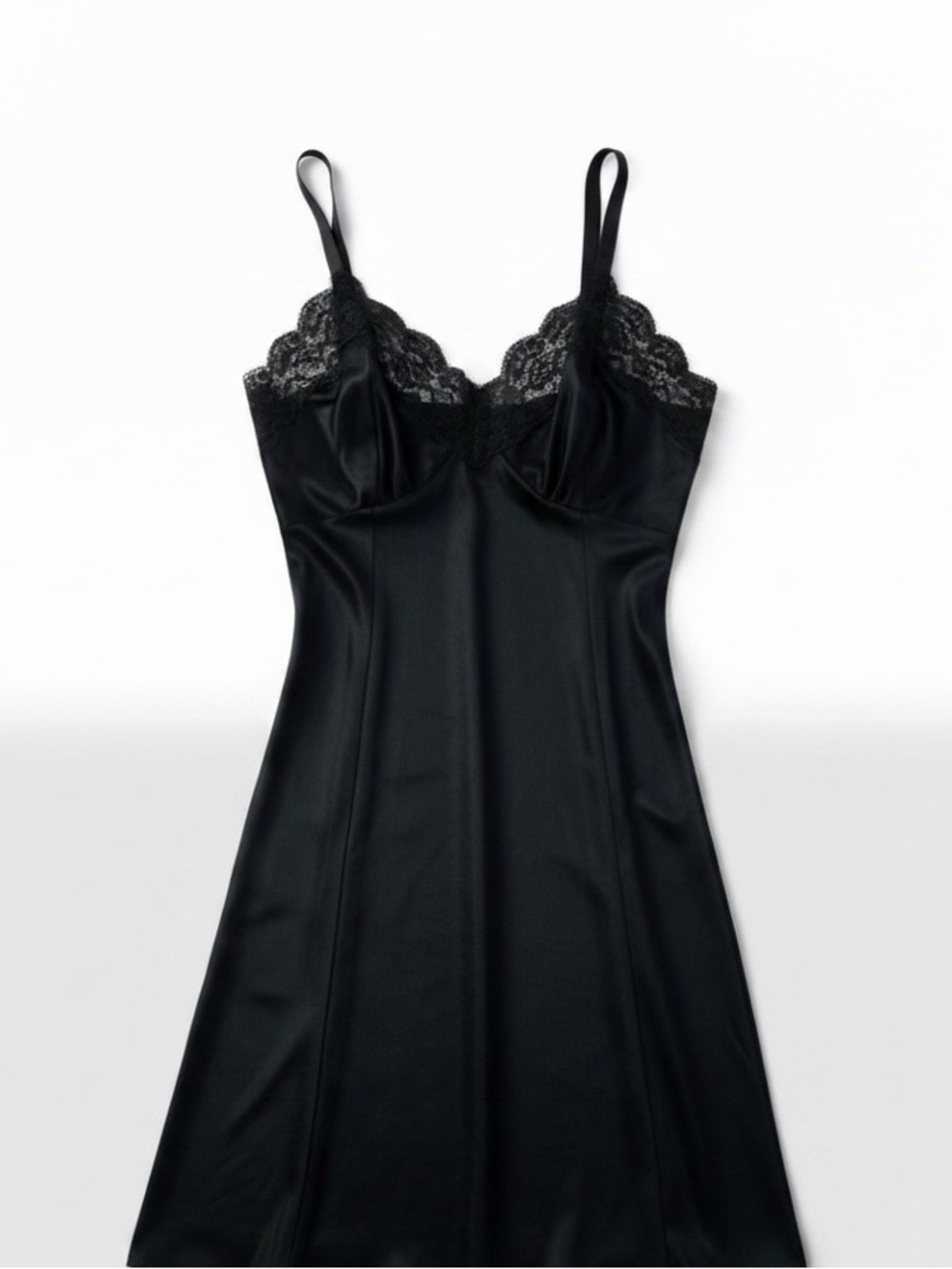 Vintage 1950s 60s Wonder Maid Black Nylon Slip Dress Lace Trim Size 32 Pinup